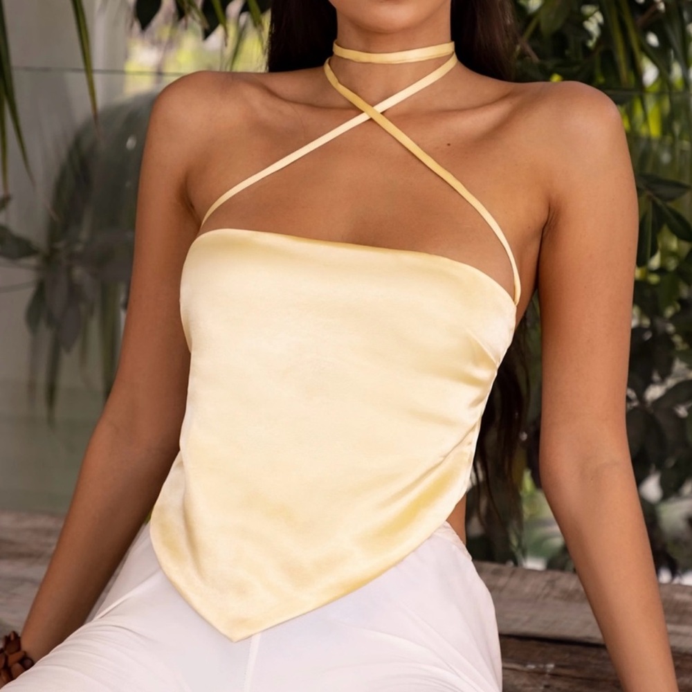 Oh Polly Yellow Satin Halter Ties Top, S-M, NWOT